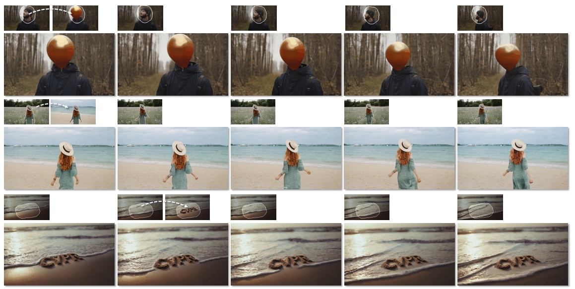 A sample of video inpainting with different elements (object, backgroud, new insertion) with VideoRepainter